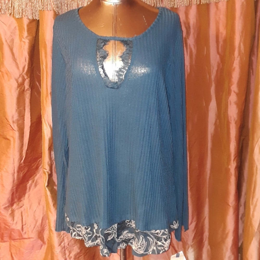 ** Democracy Ribbed Knit Layered Look Keyhole Top